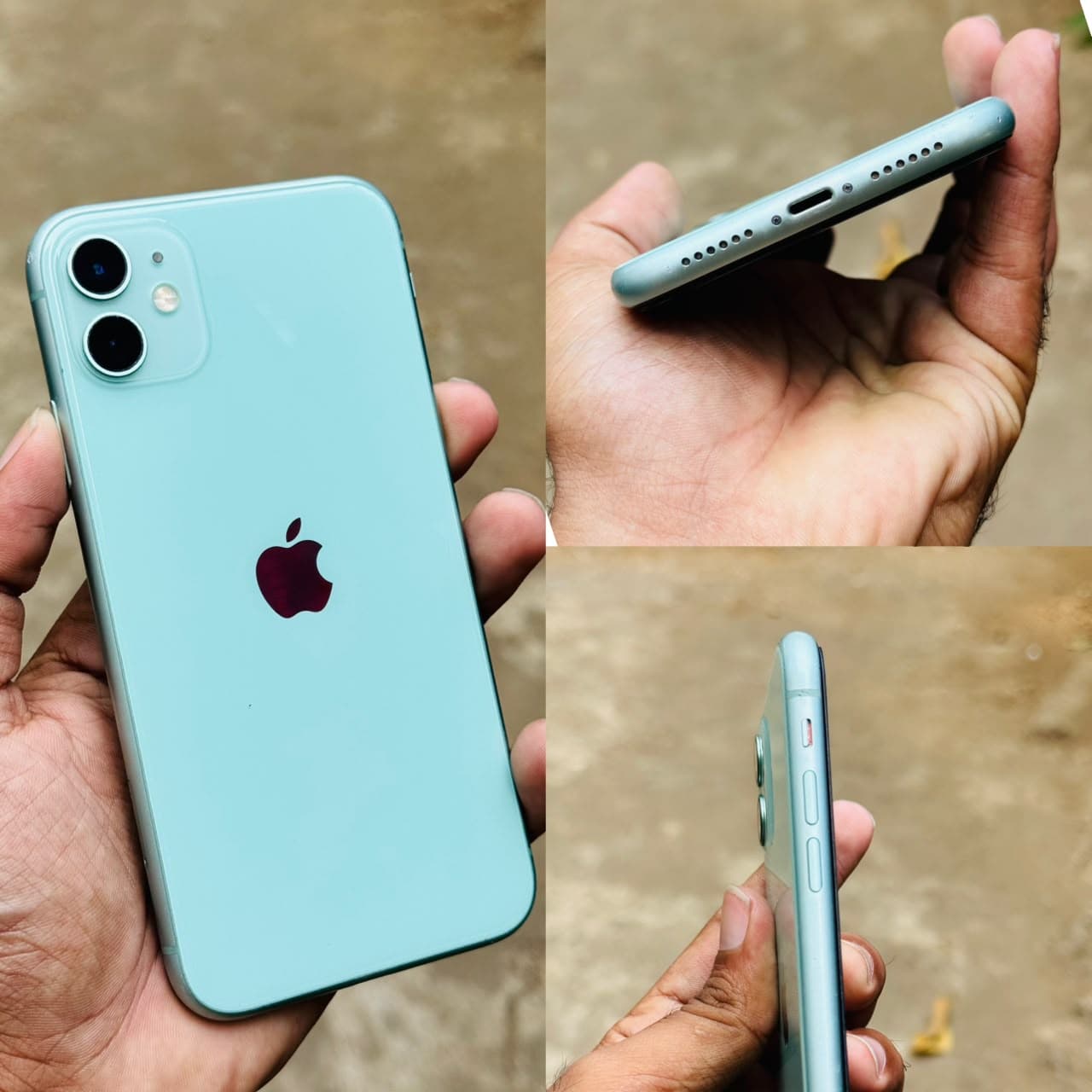 Inspection of a pristine mint green iPhone showing flawless Lightning/USB port, speaker grilles, buttons, and original glass finish