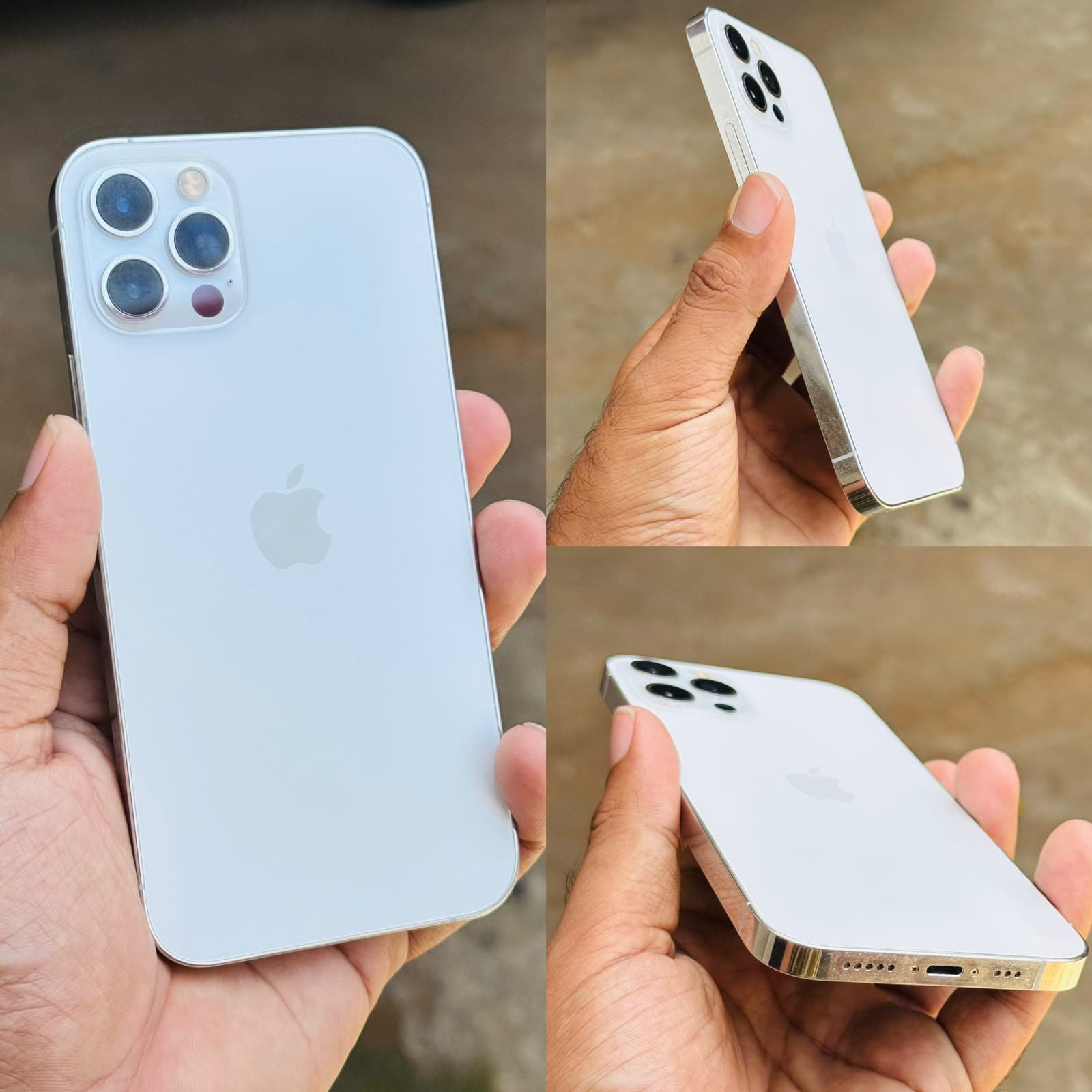 Triple angle inspection view of a pristine Silver/White Apple iPhone Pro demonstrating flawless rails, back glass, and camera lenses